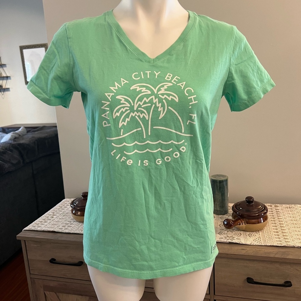 Life is Good green Panama City Beach Florida vneck tshirt
